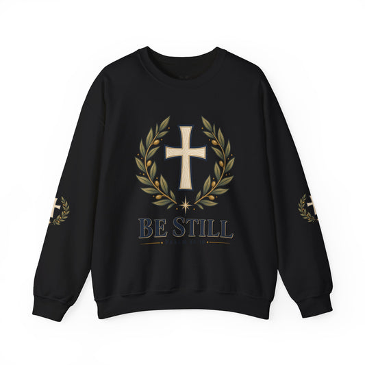 Crewneck Sweatshirt — "Be Still" Psalm 46:10 Christian Cross Design