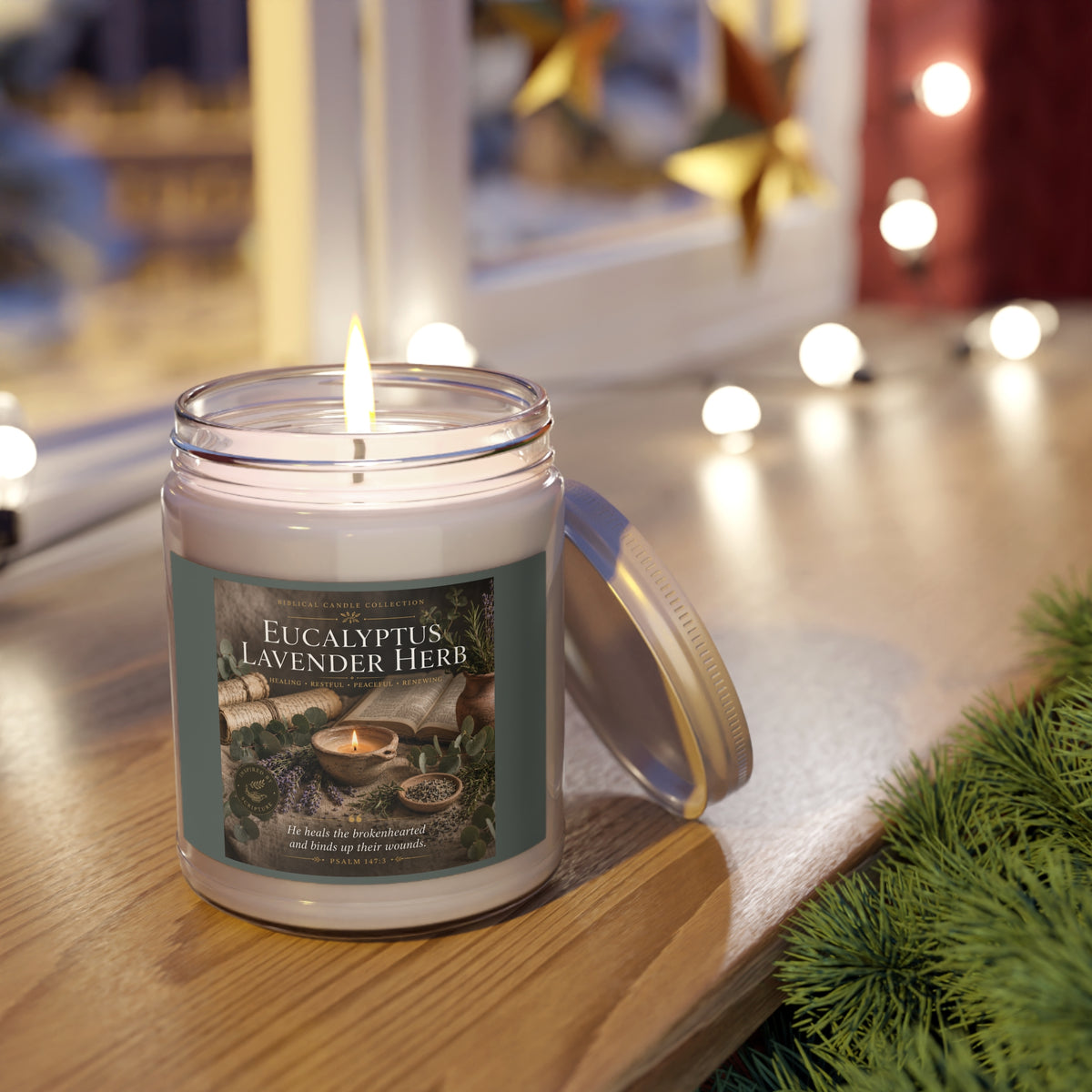 Eucalyptus Lavender Herb Soy Candle — 9oz Scented Jar with White Lid