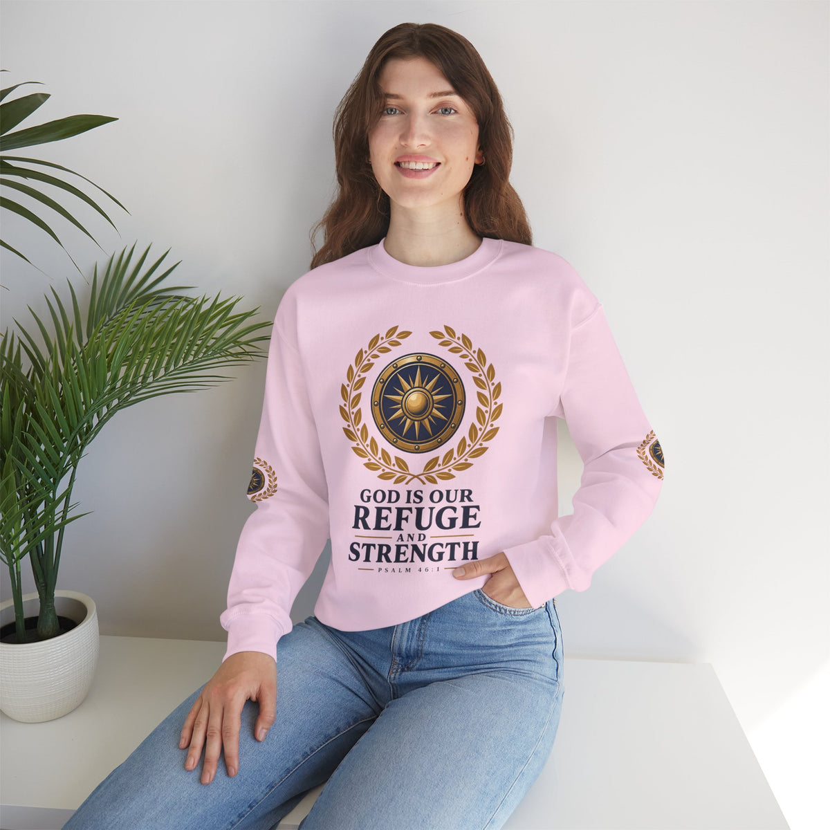 Crewneck Sweatshirt — “God Is Our Refuge and Strength” Psalm 46:1 Christian Faith Pullover