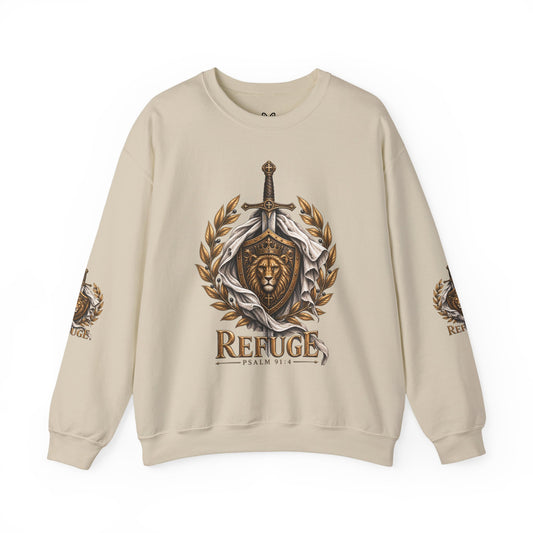 Crewneck Sweatshirt — 'Refuge' Lion & Sword Psalm 91:4 Christian Pullover