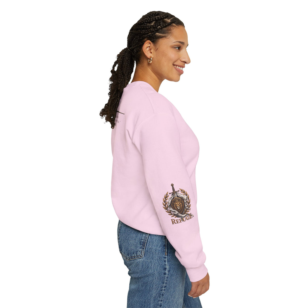 Crewneck Sweatshirt — 'Refuge' Lion & Sword Psalm 91:4 Christian Pullover