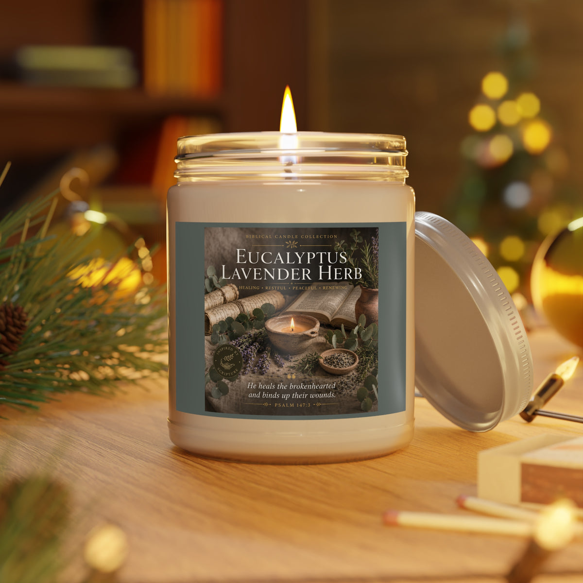 Eucalyptus Lavender Herb Soy Candle — 9oz Scented Jar with White Lid