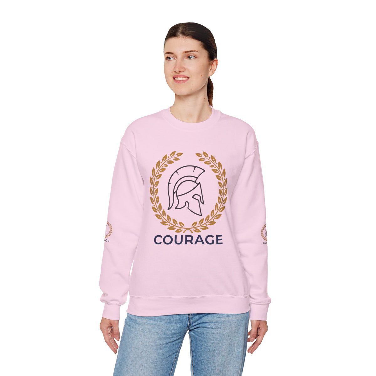 Courage Spartan Helmet Crewneck Sweatshirt — "Courage" with Laurel & Psalm 121:1-2