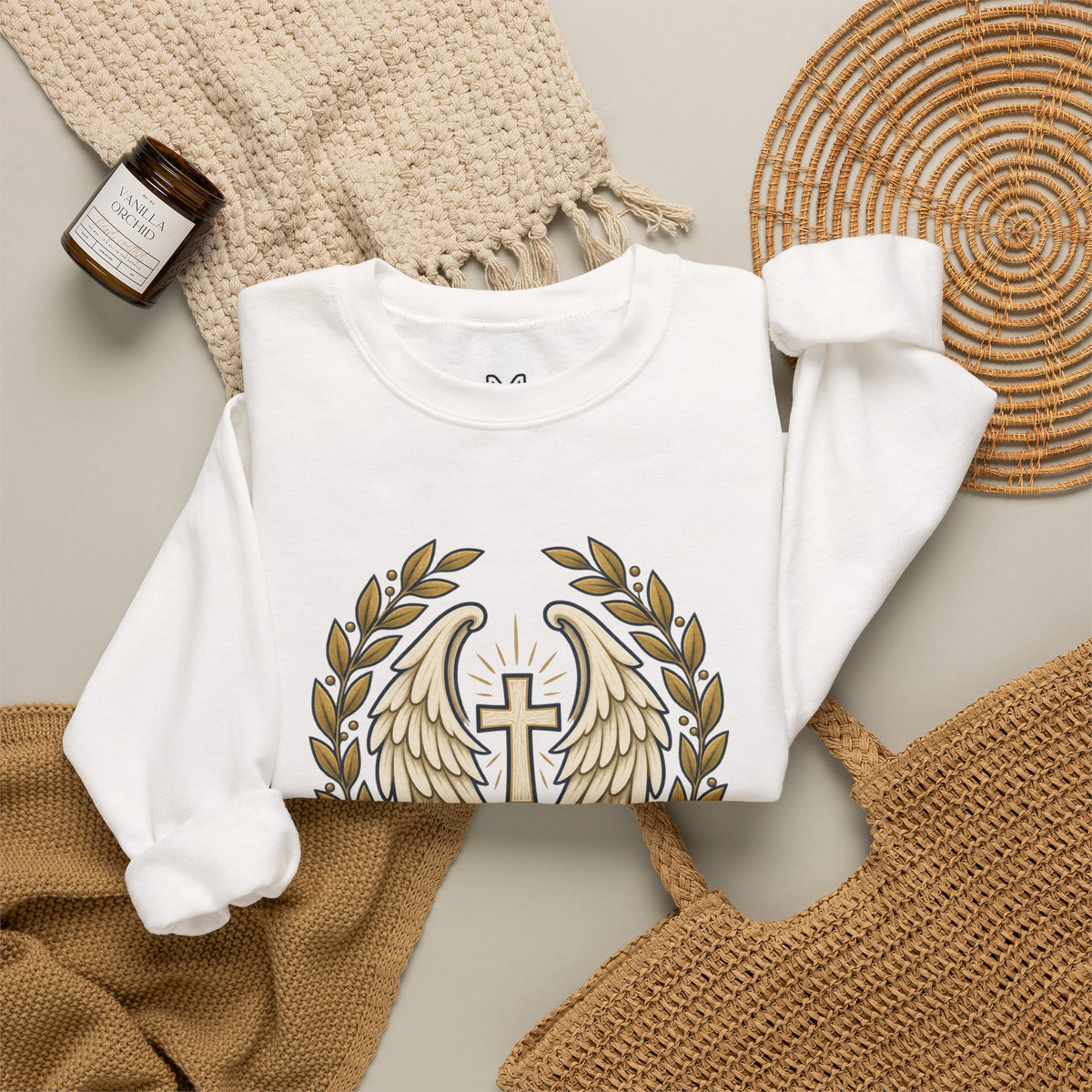 Under His Wings Crewneck Sweatshirt — Christian Cross & Angel Wings Psalm Design