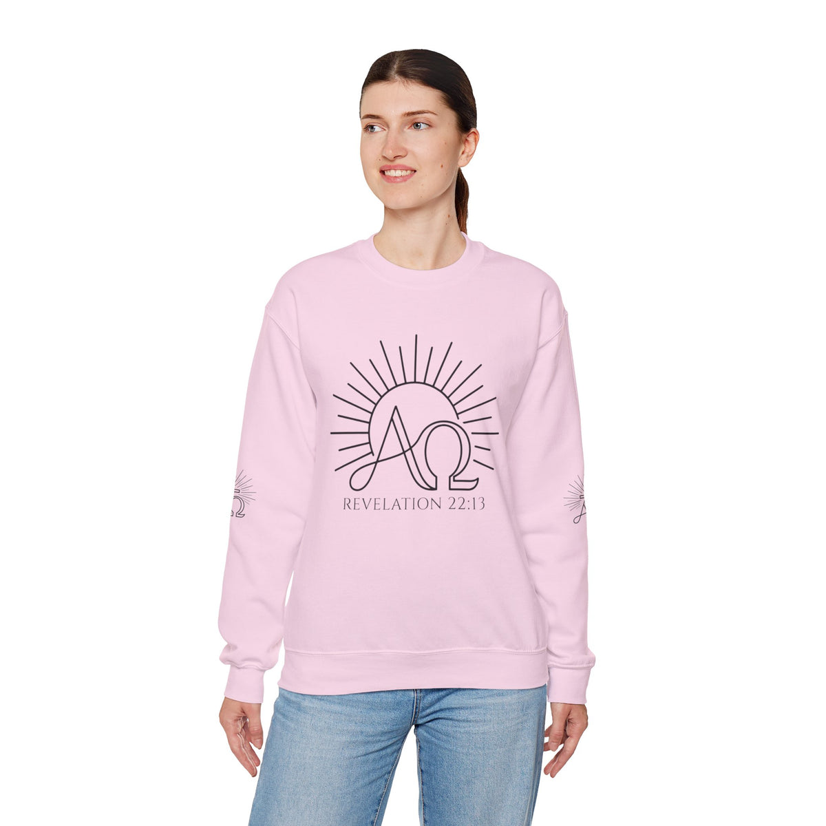 Alpha & Omega Crewneck Sweatshirt — Revelation 22:13 Christian Graphic Pullover