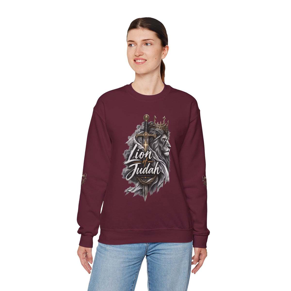 Lion of Judah Sweatshirt — Christian Lion Crewneck with Crown & Ichthys Back