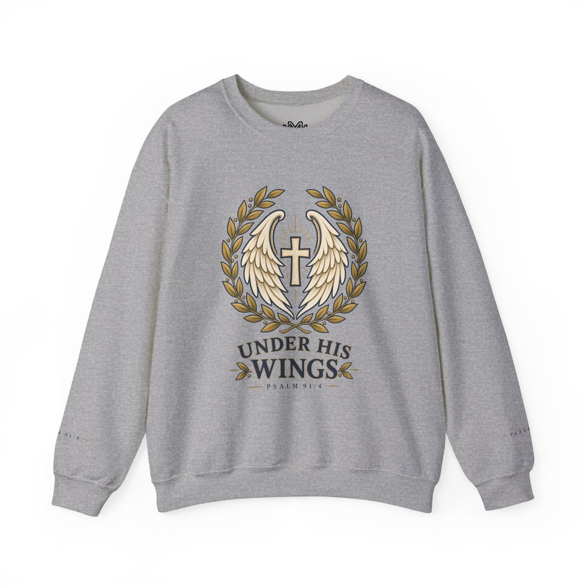 Under His Wings Crewneck Sweatshirt — Christian Cross & Angel Wings Psalm Design