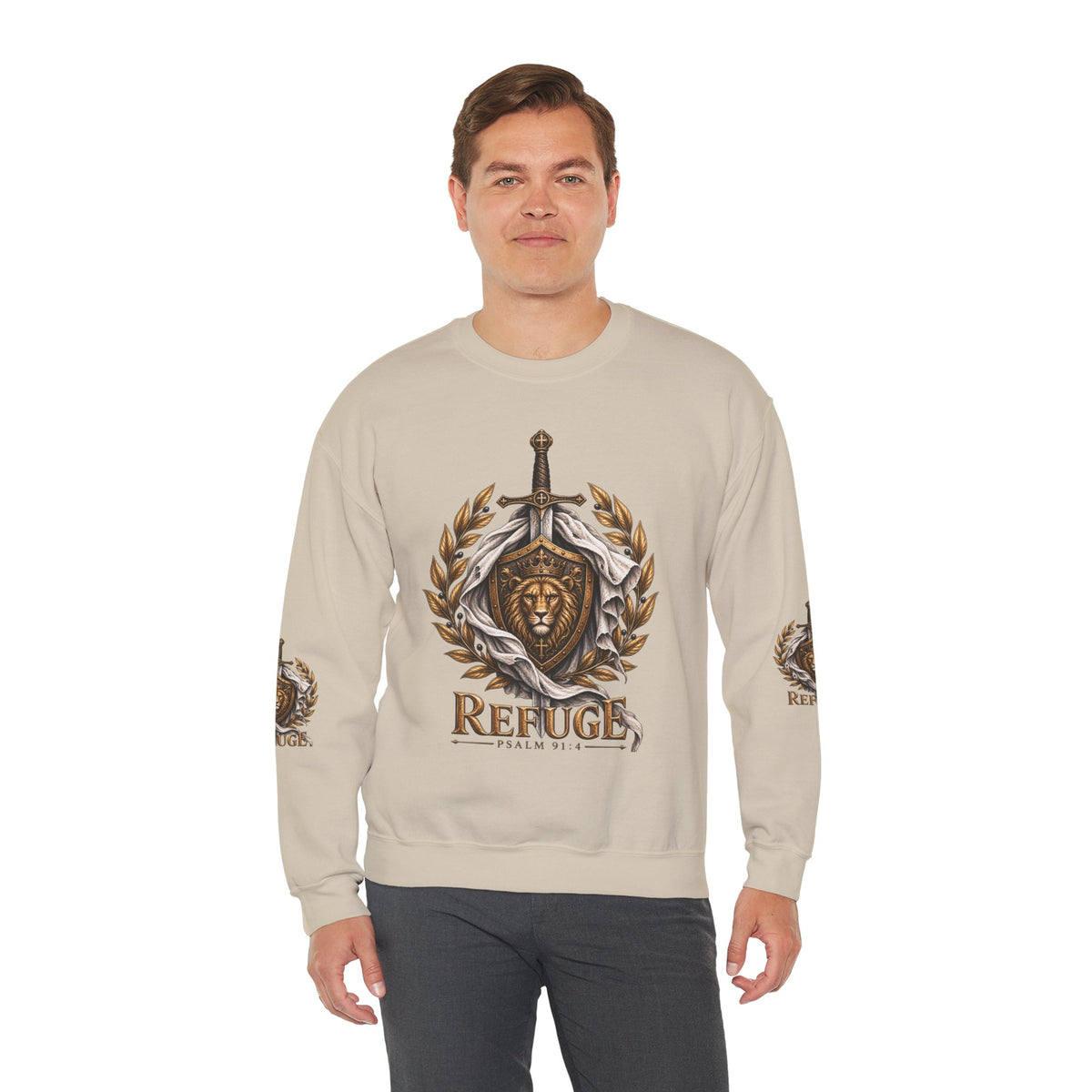 Crewneck Sweatshirt — 'Refuge' Lion & Sword Psalm 91:4 Christian Pullover