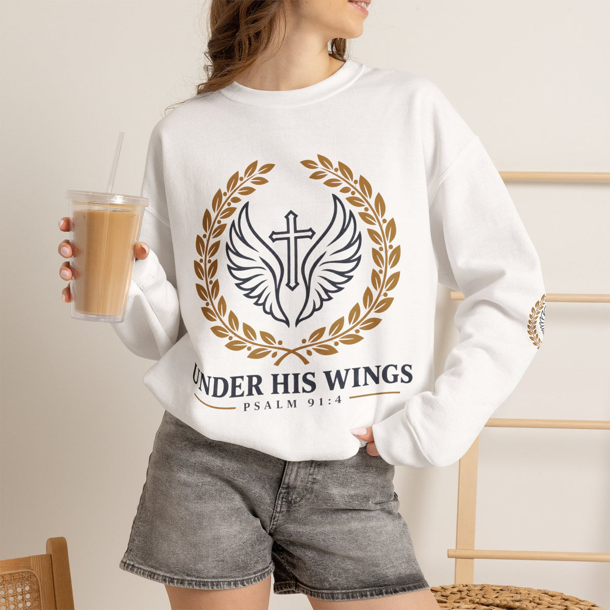 Religious Crewneck Sweatshirt – “Under His Wings” Psalm 91:4 Christian Pullover