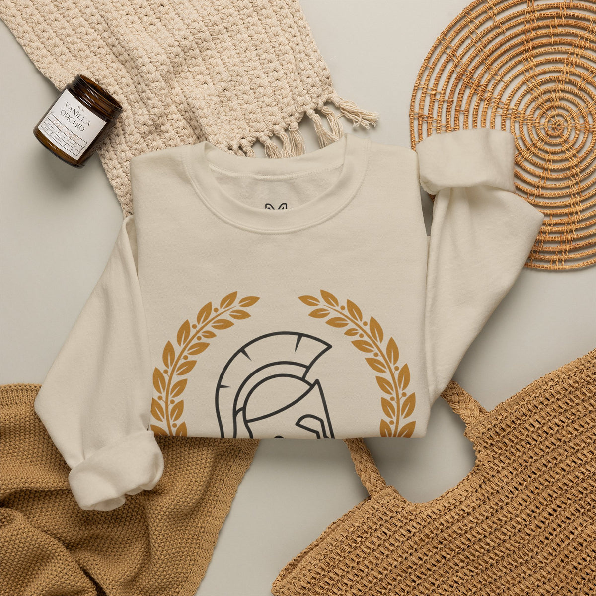 Courage Spartan Helmet Crewneck Sweatshirt — "Courage" with Laurel & Psalm 121:1-2