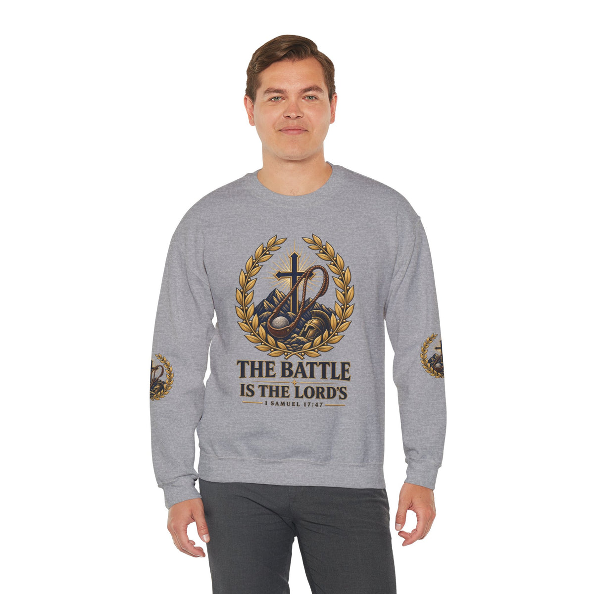 Religious Crewneck Sweatshirt — "The Battle Is The Lord's" (1 Samuel 17:47)