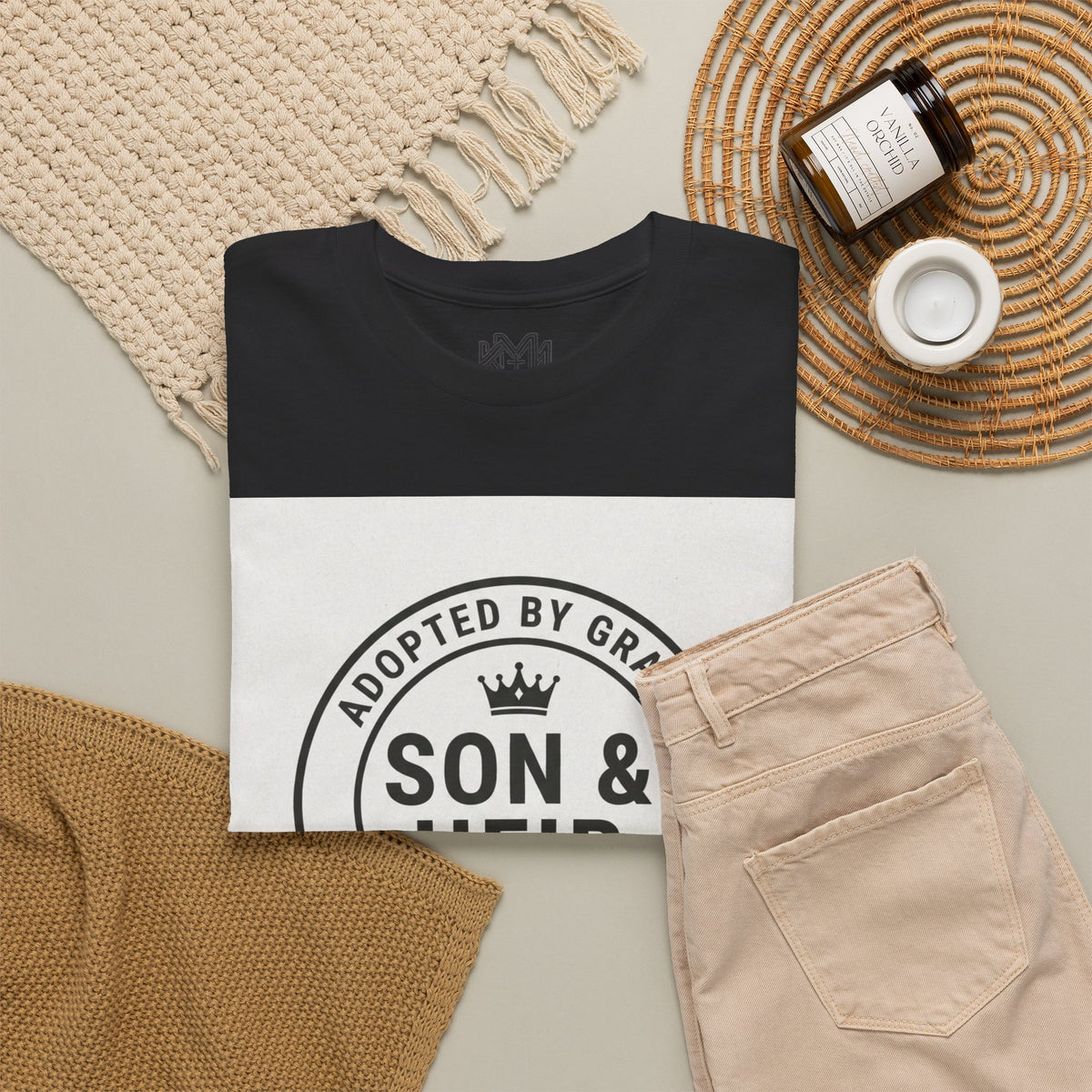 Christian Son & Heir T-Shirt — 'Adopted by Grace' Faith Tee with Jesus Prayer Design