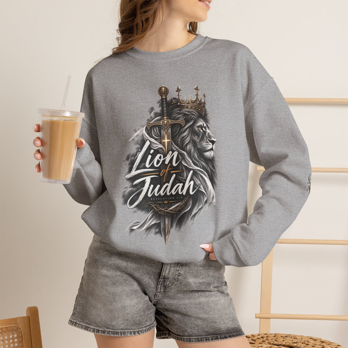 Lion of Judah Sweatshirt — Christian Lion Crewneck with Crown & Ichthys Back