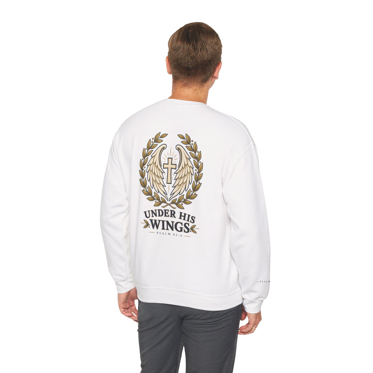 Under His Wings Crewneck Sweatshirt — Christian Cross & Angel Wings Psalm Design