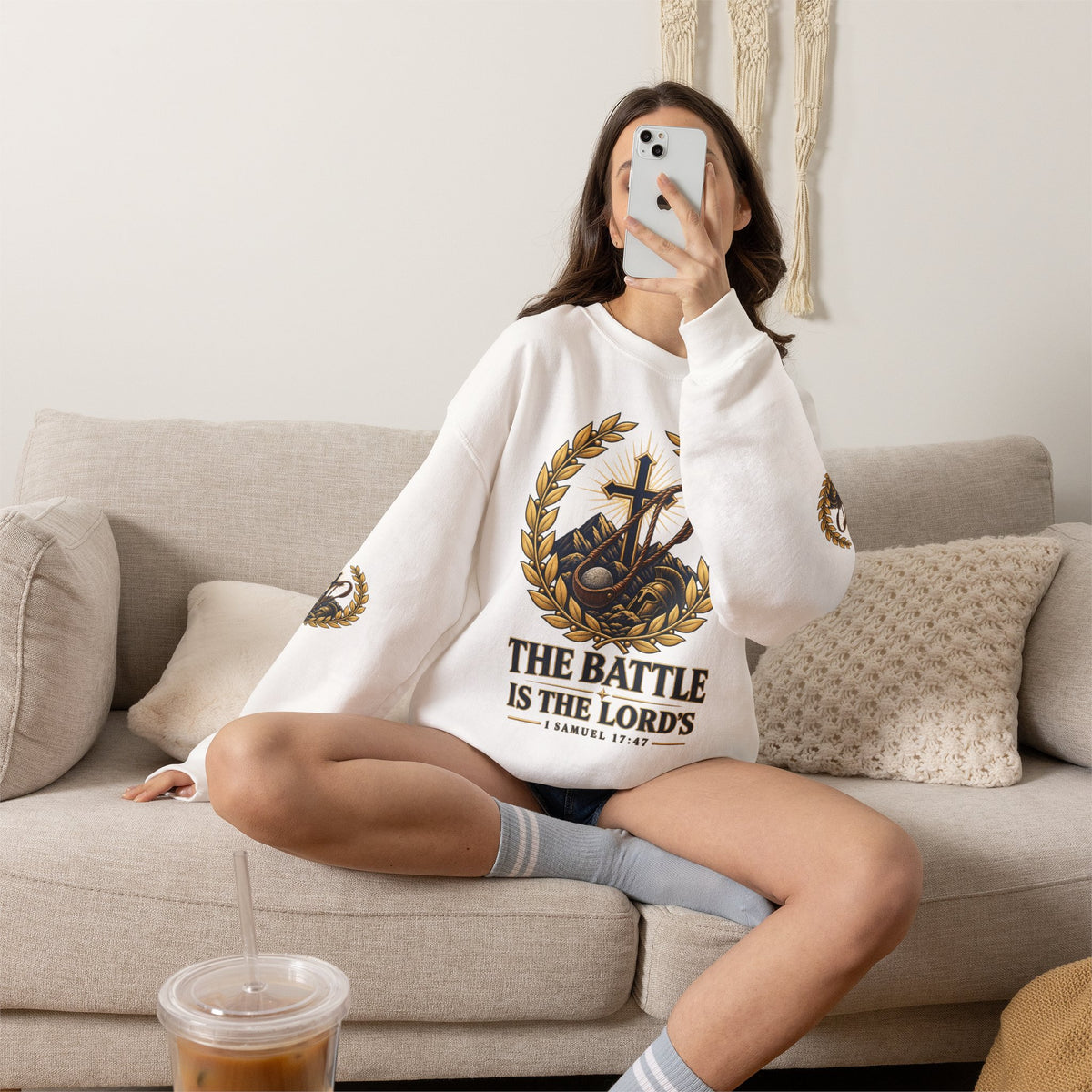 Religious Crewneck Sweatshirt — "The Battle Is The Lord's" (1 Samuel 17:47)
