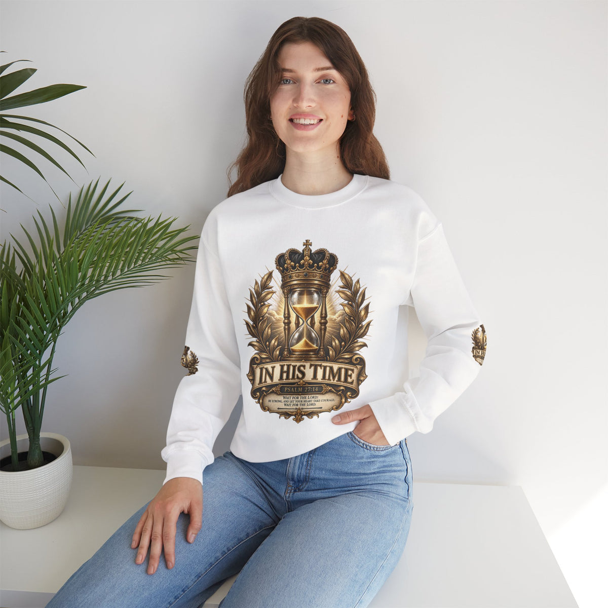 In His Time Crewneck Sweatshirt – Inspirational Christian Scripture Hourglass Design