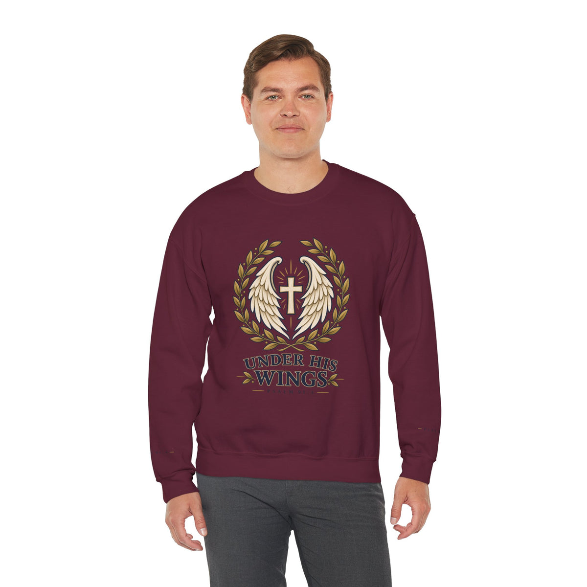 Under His Wings Crewneck Sweatshirt — Christian Cross & Angel Wings Psalm Design