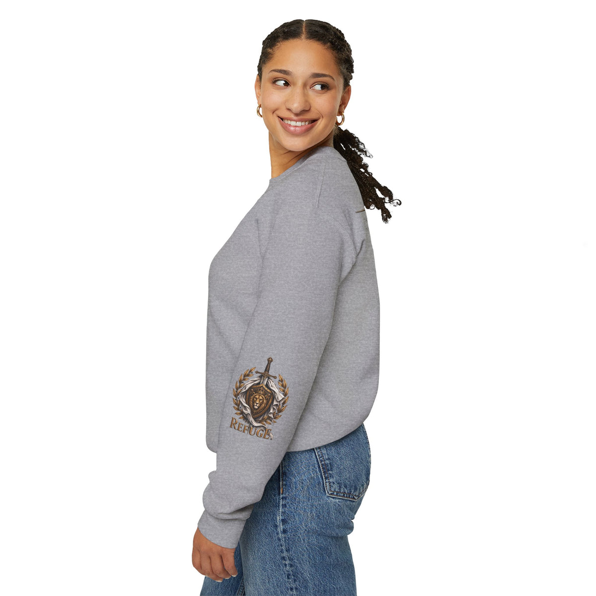 Crewneck Sweatshirt — 'Refuge' Lion & Sword Psalm 91:4 Christian Pullover