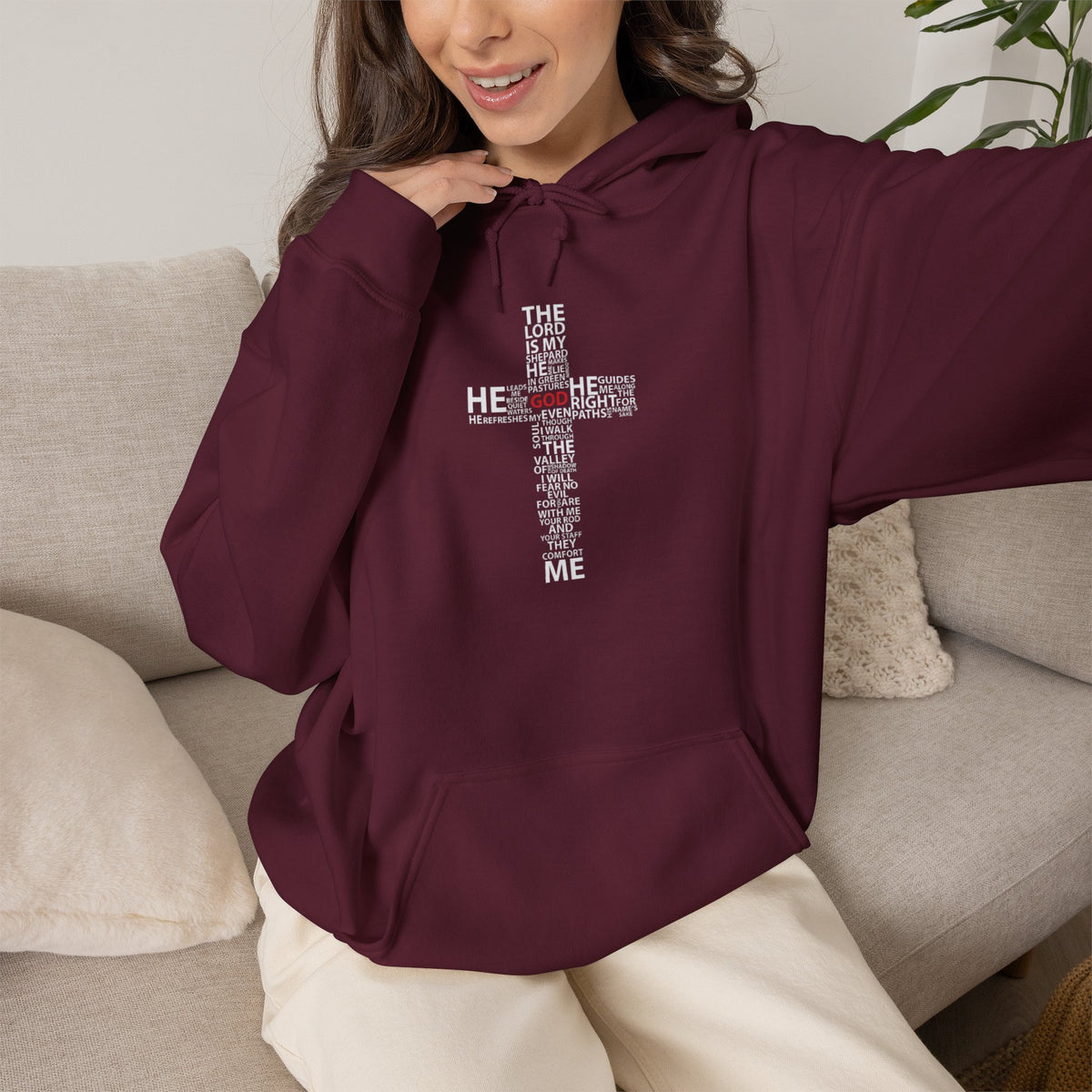 Christian Cross Hoodie - "He Renewed Me" Word Cloud Faith Sweatshirt