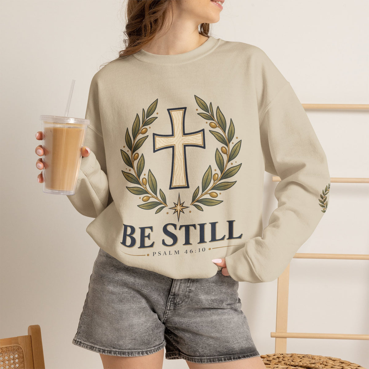 Crewneck Sweatshirt — "Be Still" Psalm 46:10 Christian Cross Design