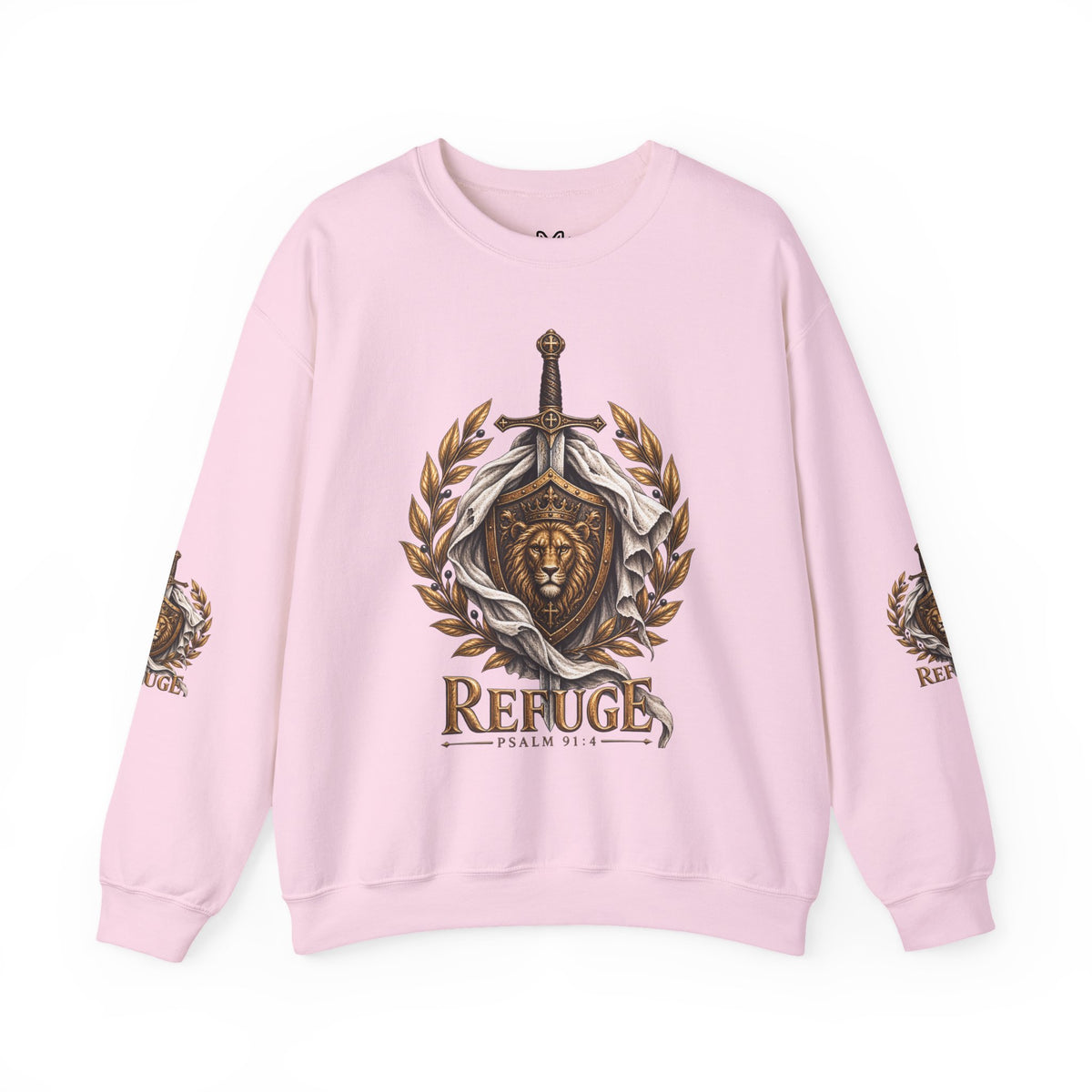 Crewneck Sweatshirt — 'Refuge' Lion & Sword Psalm 91:4 Christian Pullover