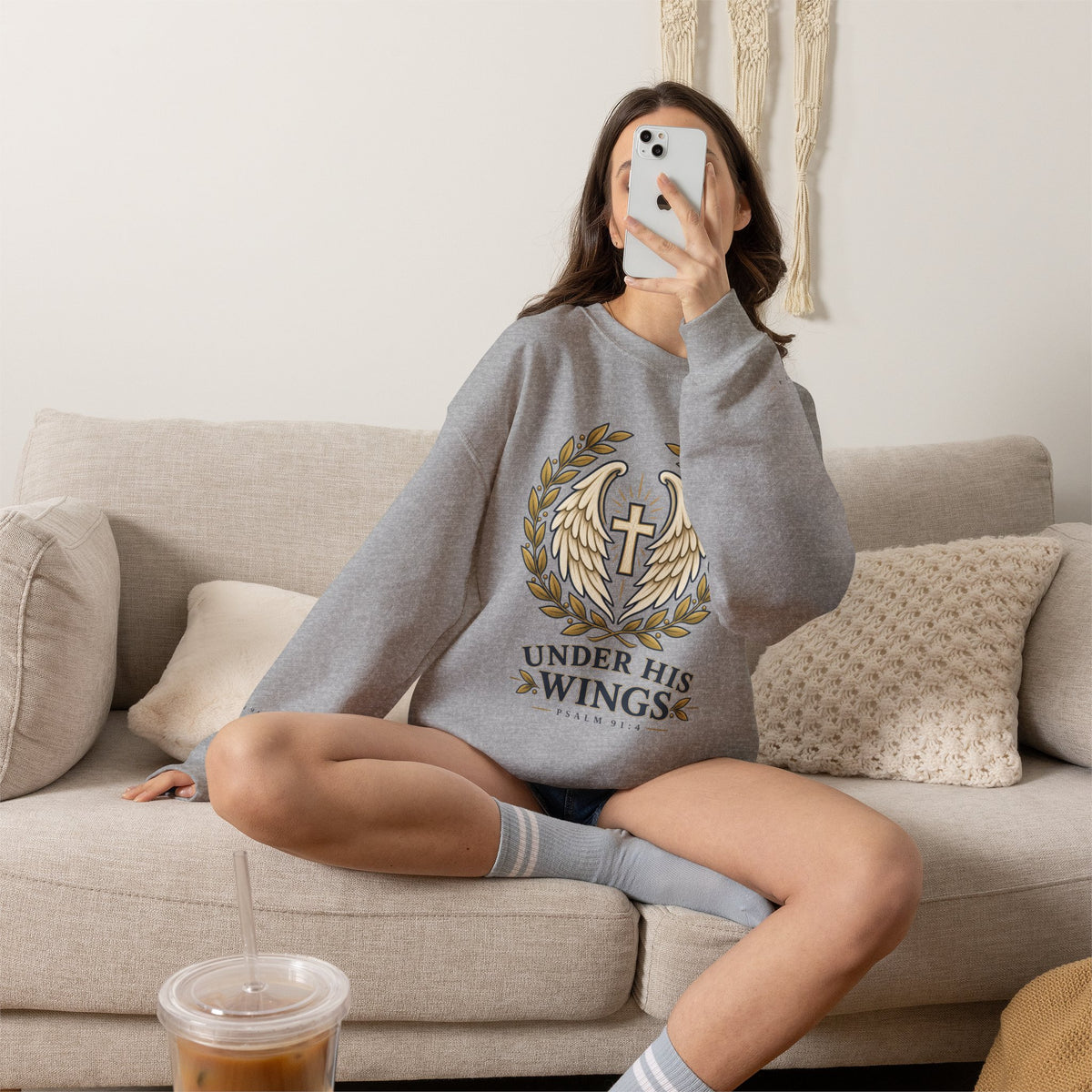 Under His Wings Crewneck Sweatshirt — Christian Cross & Angel Wings Psalm Design