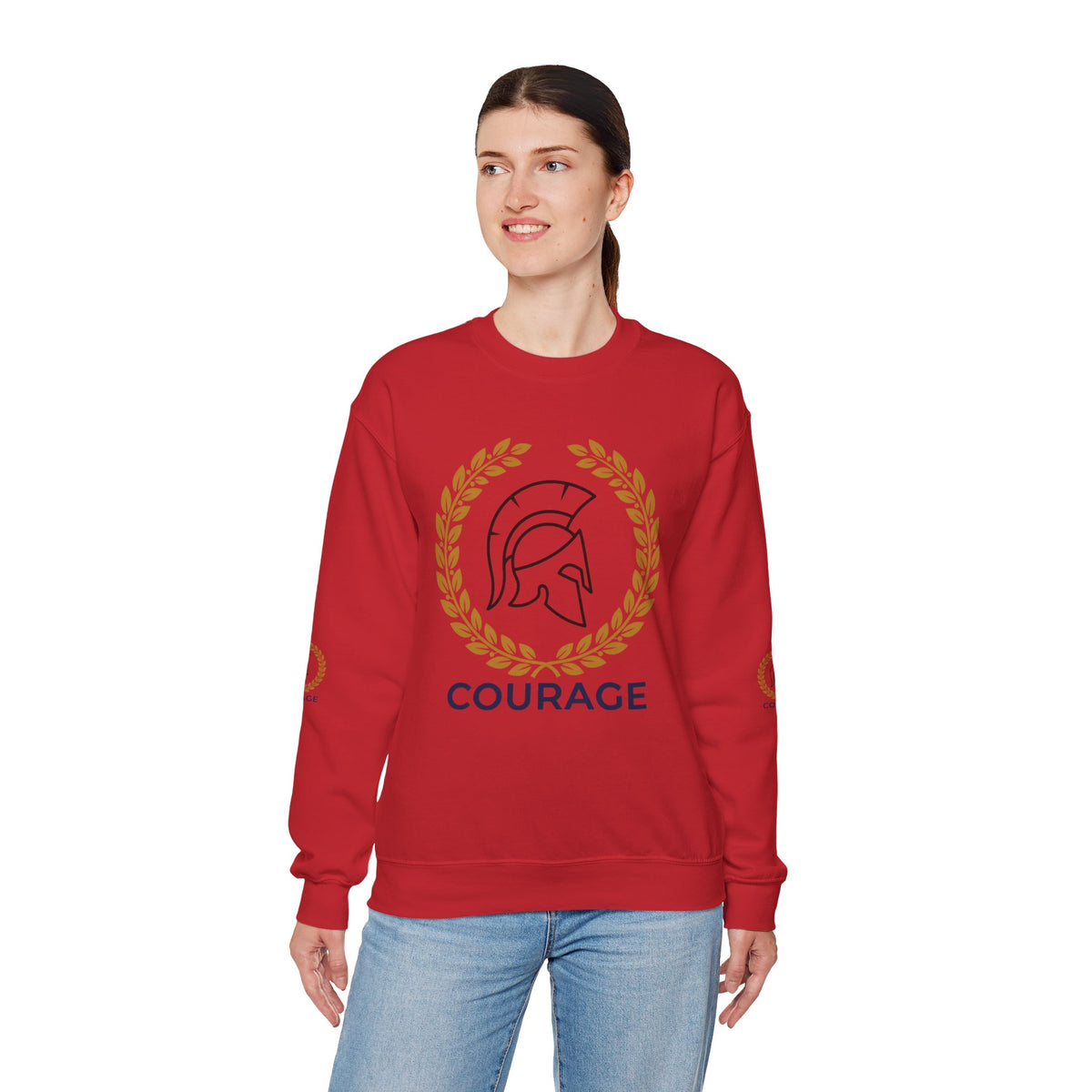 Courage Spartan Helmet Crewneck Sweatshirt — "Courage" with Laurel & Psalm 121:1-2