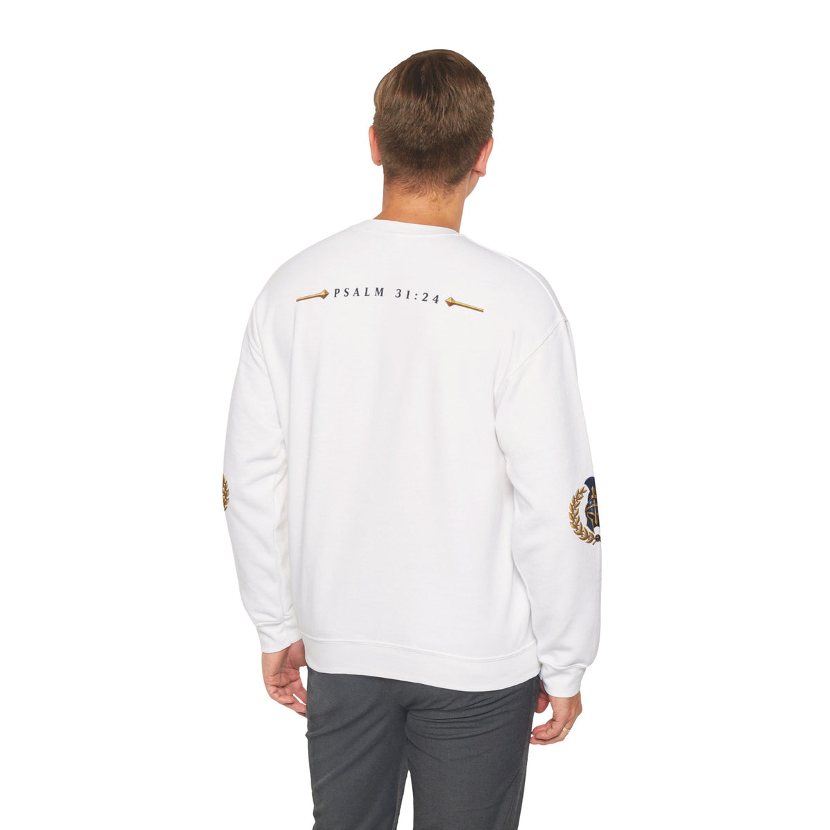 Crewneck Sweatshirt — "Be Strong and Take Heart" Psalm 31:24 Spartan Helmet Design