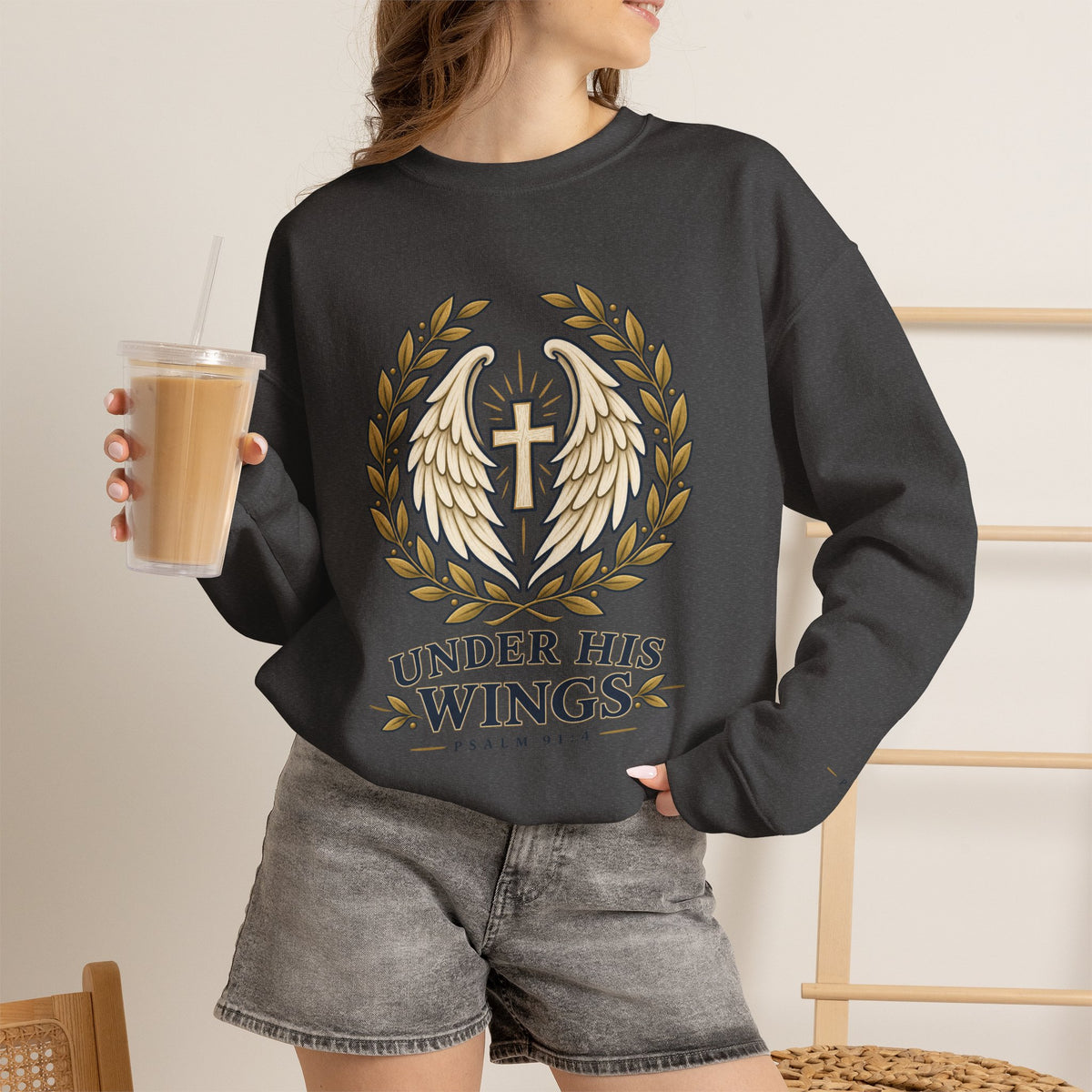 Under His Wings Crewneck Sweatshirt — Christian Cross & Angel Wings Psalm Design
