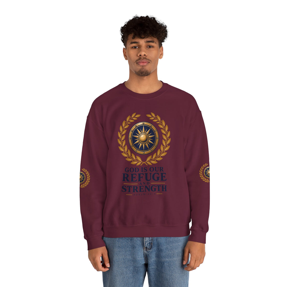 Crewneck Sweatshirt — “God Is Our Refuge and Strength” Psalm 46:1 Christian Faith Pullover