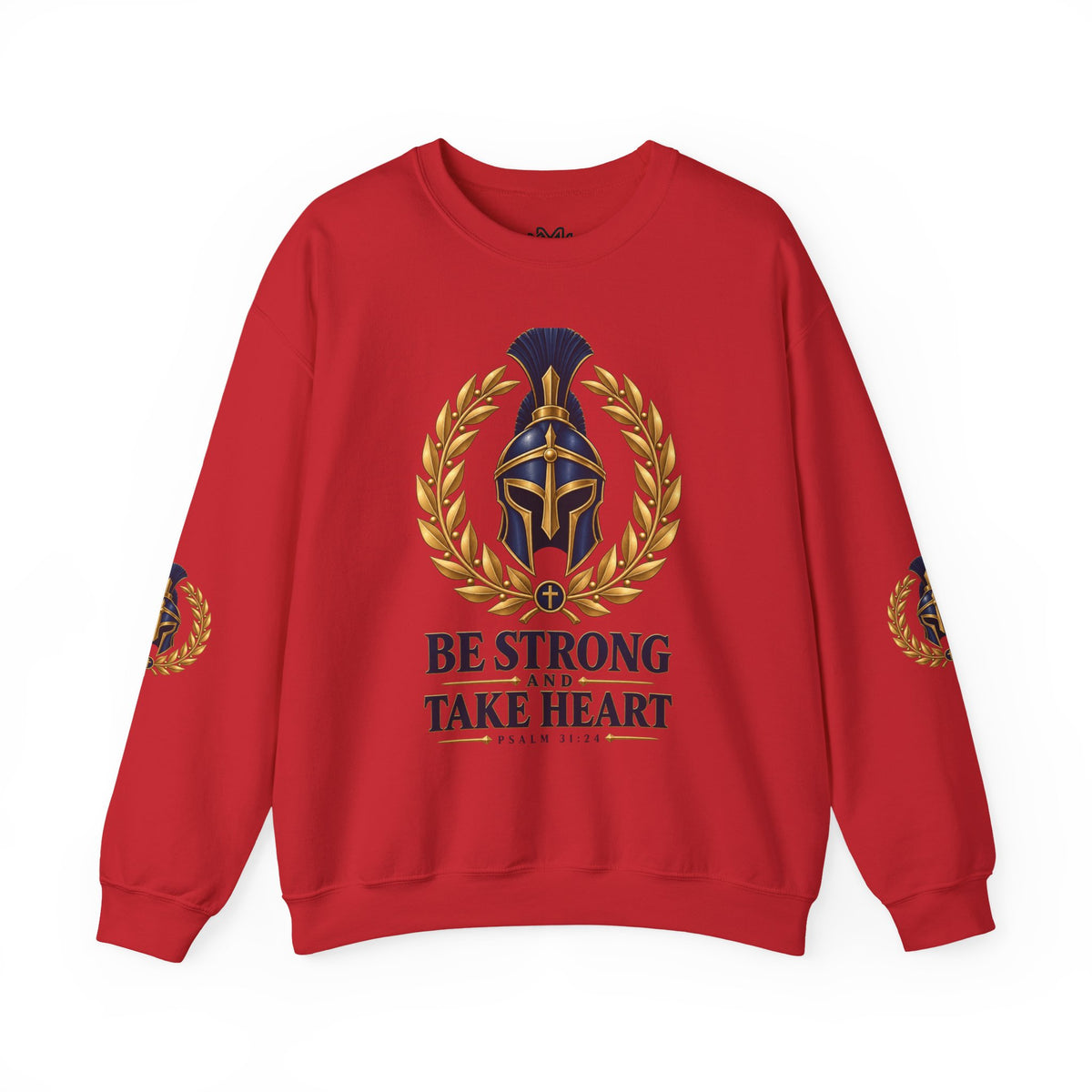 Crewneck Sweatshirt — "Be Strong and Take Heart" Psalm 31:24 Spartan Helmet Design