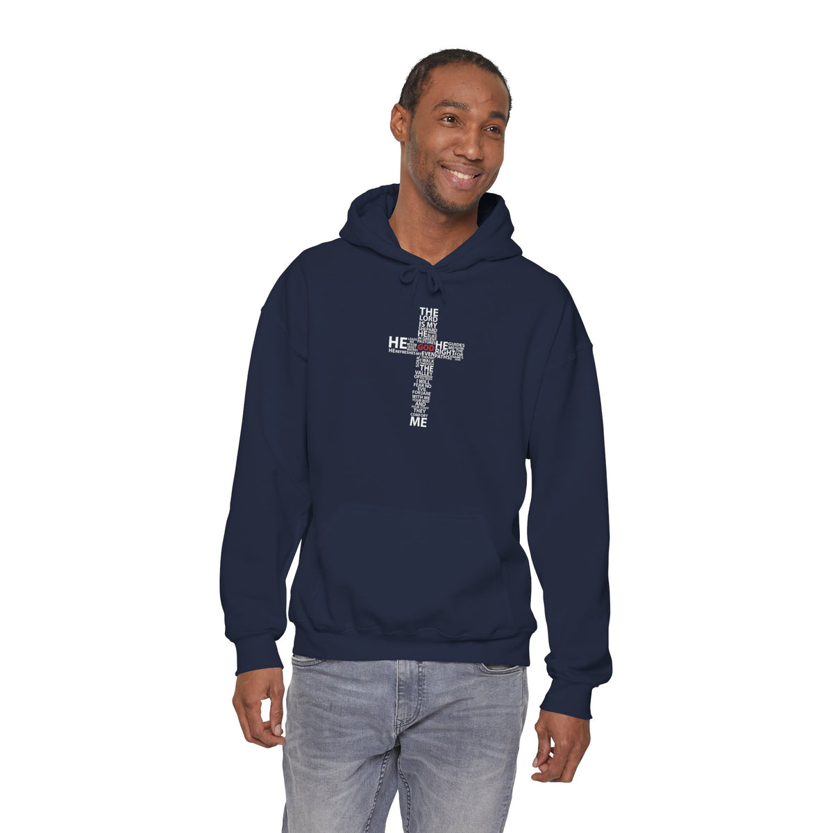 Christian Cross Hoodie - "He Renewed Me" Word Cloud Faith Sweatshirt