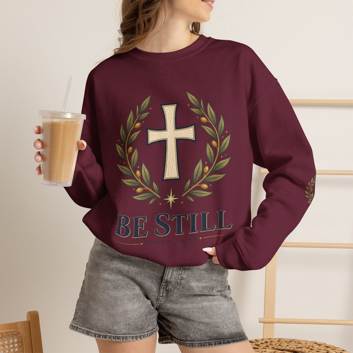 Crewneck Sweatshirt — "Be Still" Psalm 46:10 Christian Cross Design