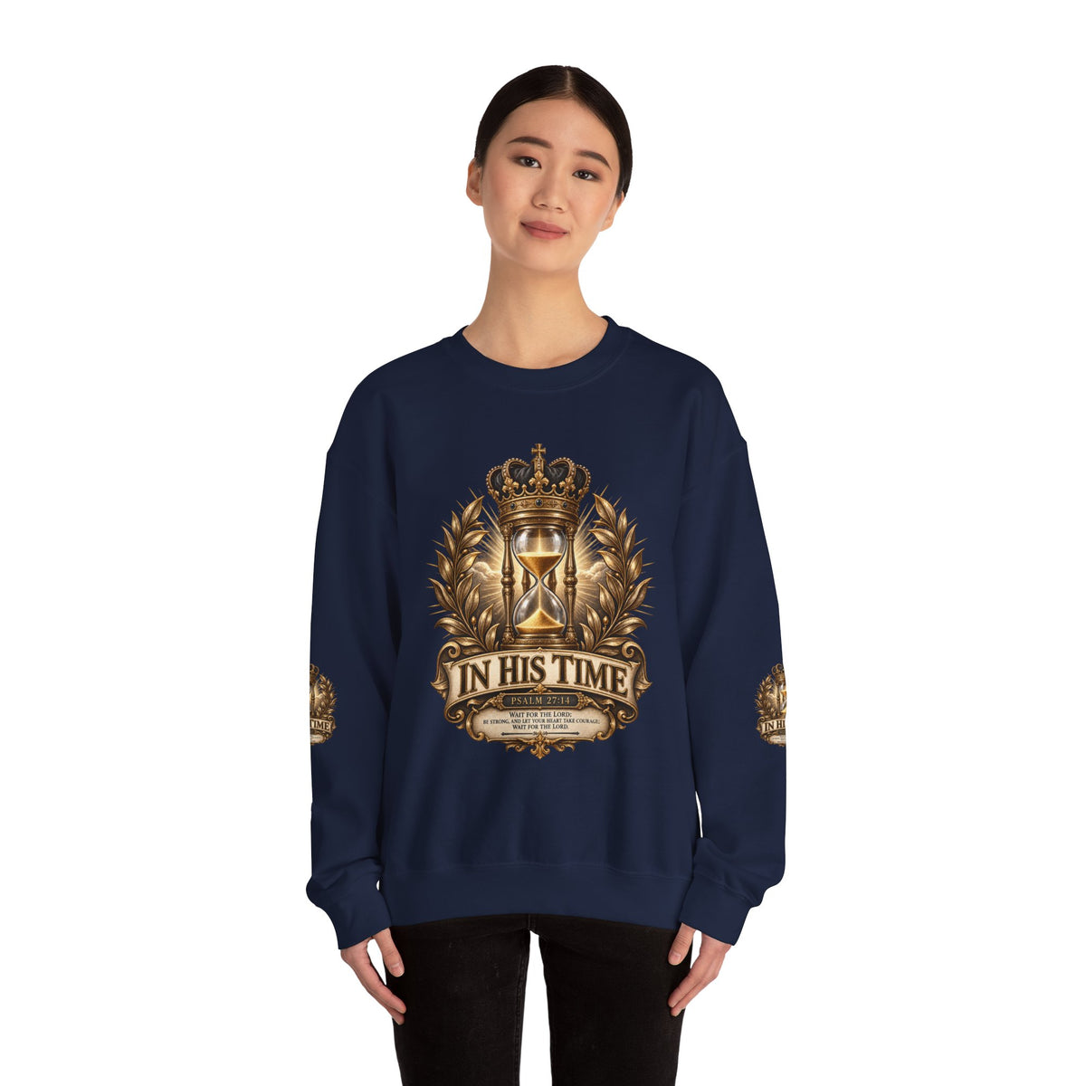 In His Time Crewneck Sweatshirt – Inspirational Christian Scripture Hourglass Design
