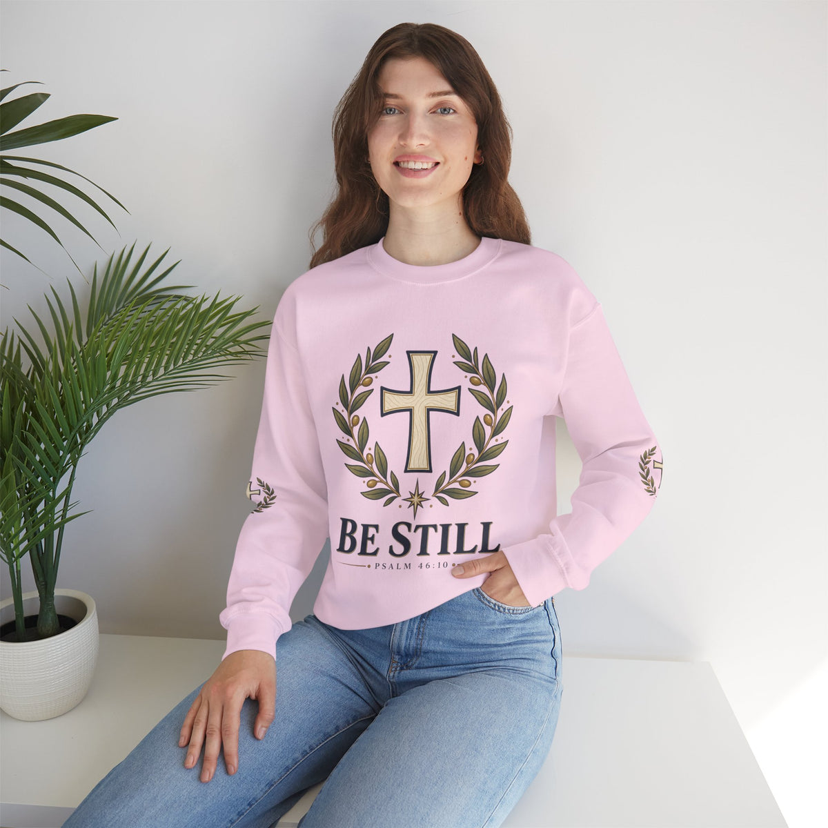 Crewneck Sweatshirt — "Be Still" Psalm 46:10 Christian Cross Design