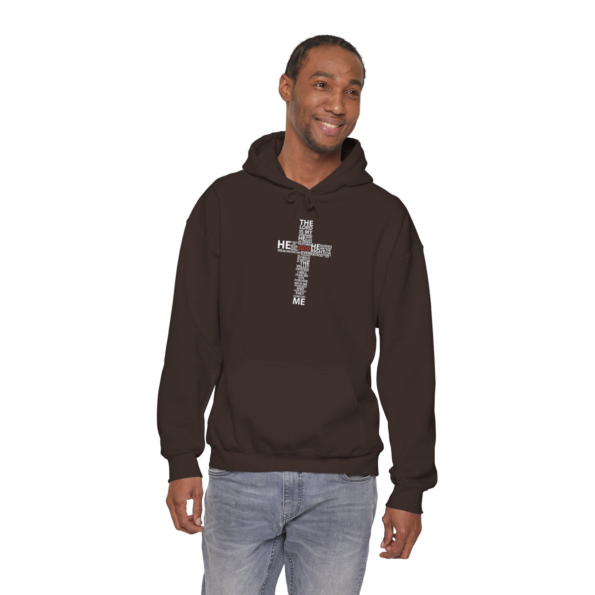 Christian Cross Hoodie - "He Renewed Me" Word Cloud Faith Sweatshirt