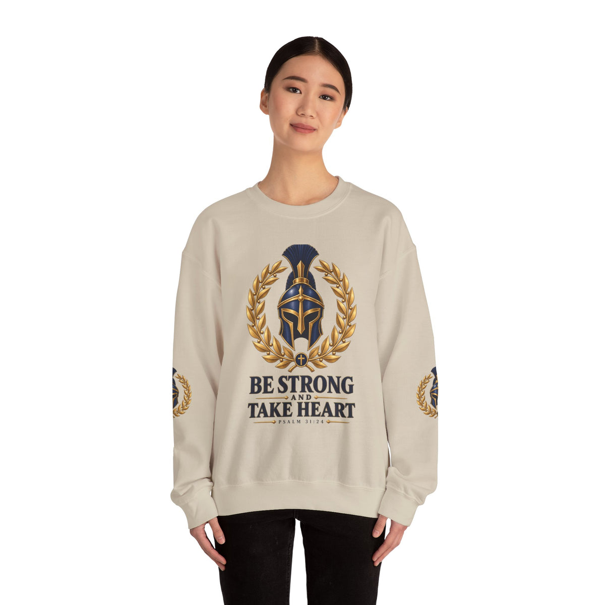 Crewneck Sweatshirt — "Be Strong and Take Heart" Psalm 31:24 Spartan Helmet Design
