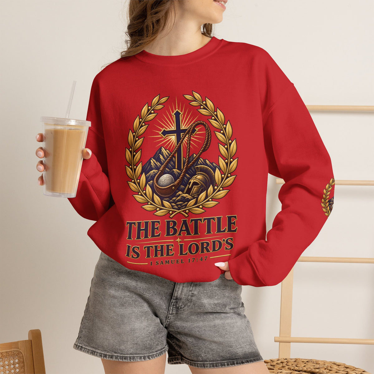 Religious Crewneck Sweatshirt — "The Battle Is The Lord's" (1 Samuel 17:47)