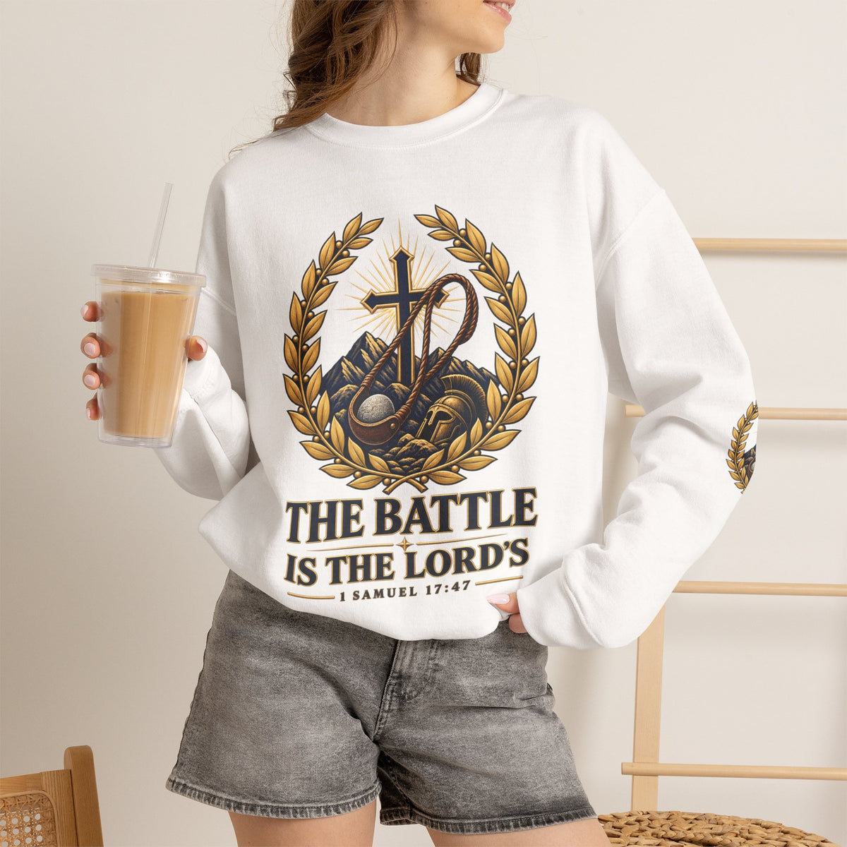 Religious Crewneck Sweatshirt — "The Battle Is The Lord's" (1 Samuel 17:47)