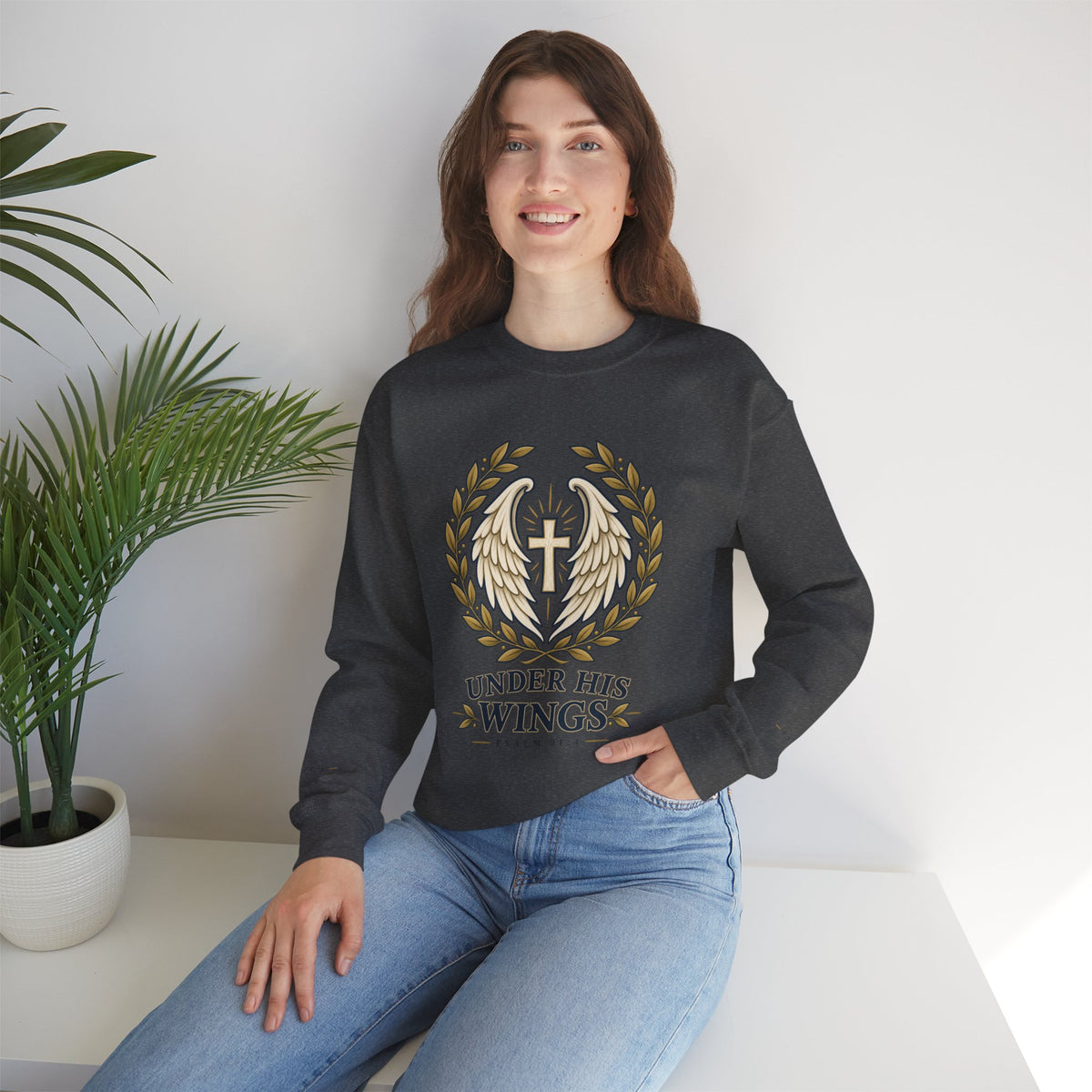 Under His Wings Crewneck Sweatshirt — Christian Cross & Angel Wings Psalm Design