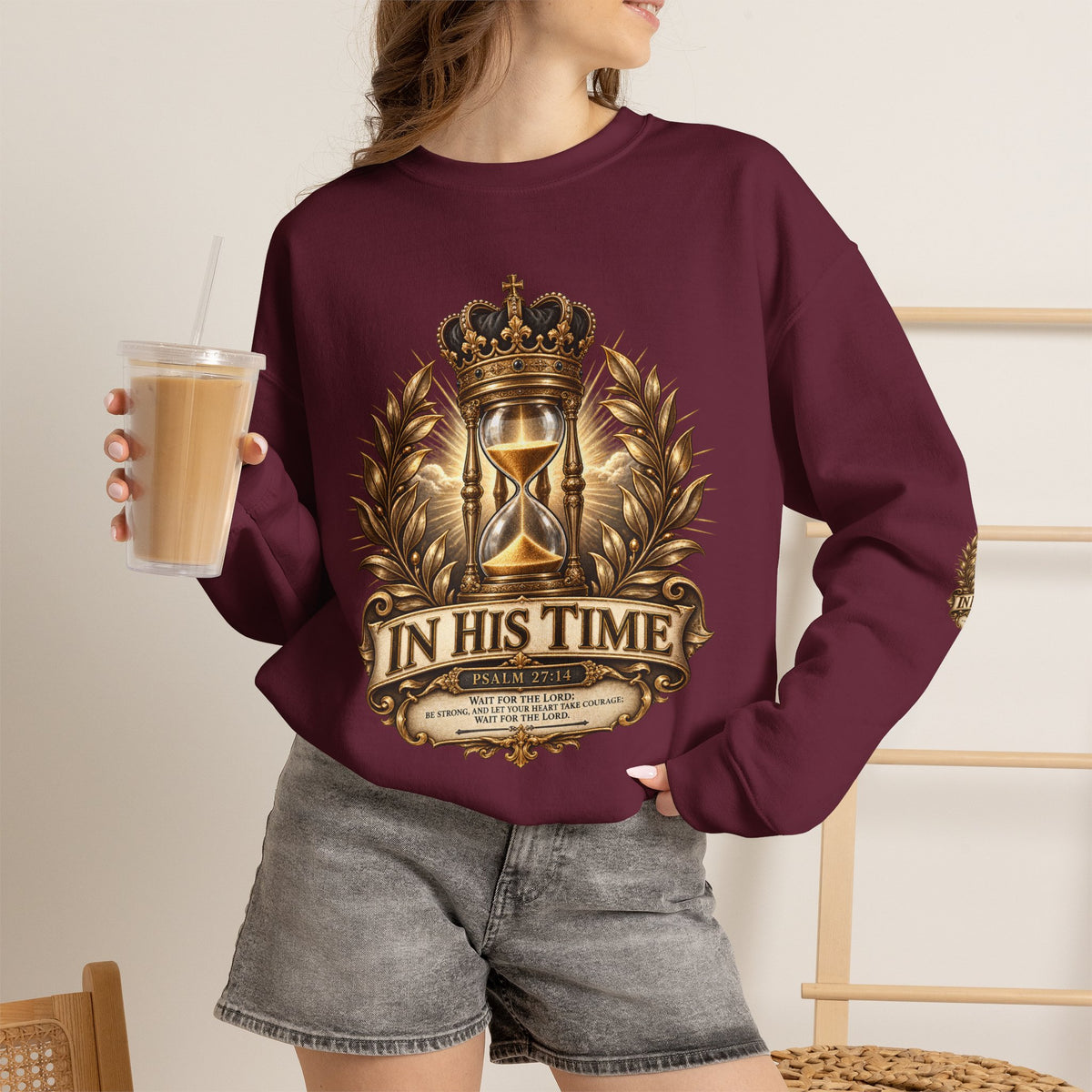 In His Time Crewneck Sweatshirt – Inspirational Christian Scripture Hourglass Design
