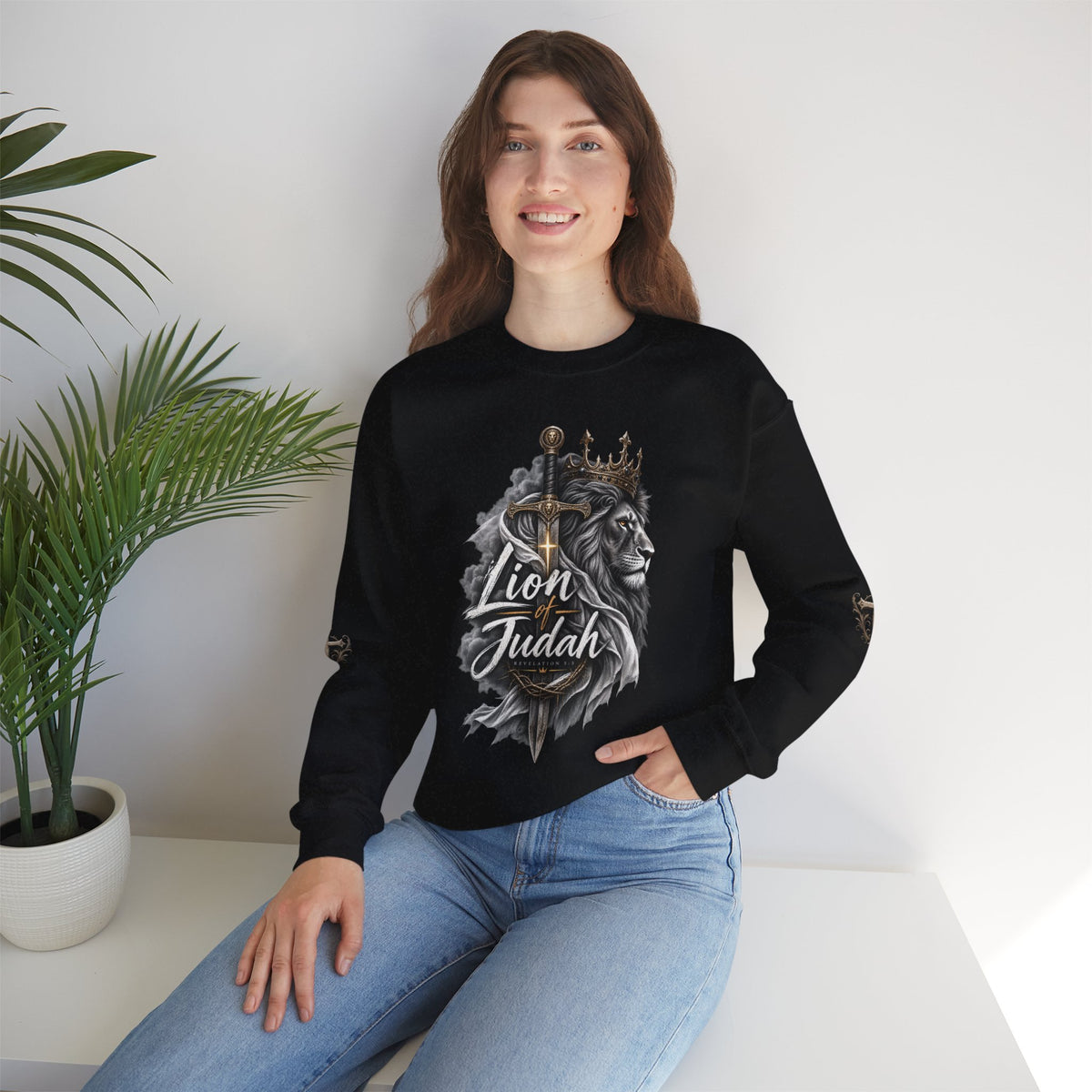 Lion of Judah Sweatshirt — Christian Lion Crewneck with Crown & Ichthys Back