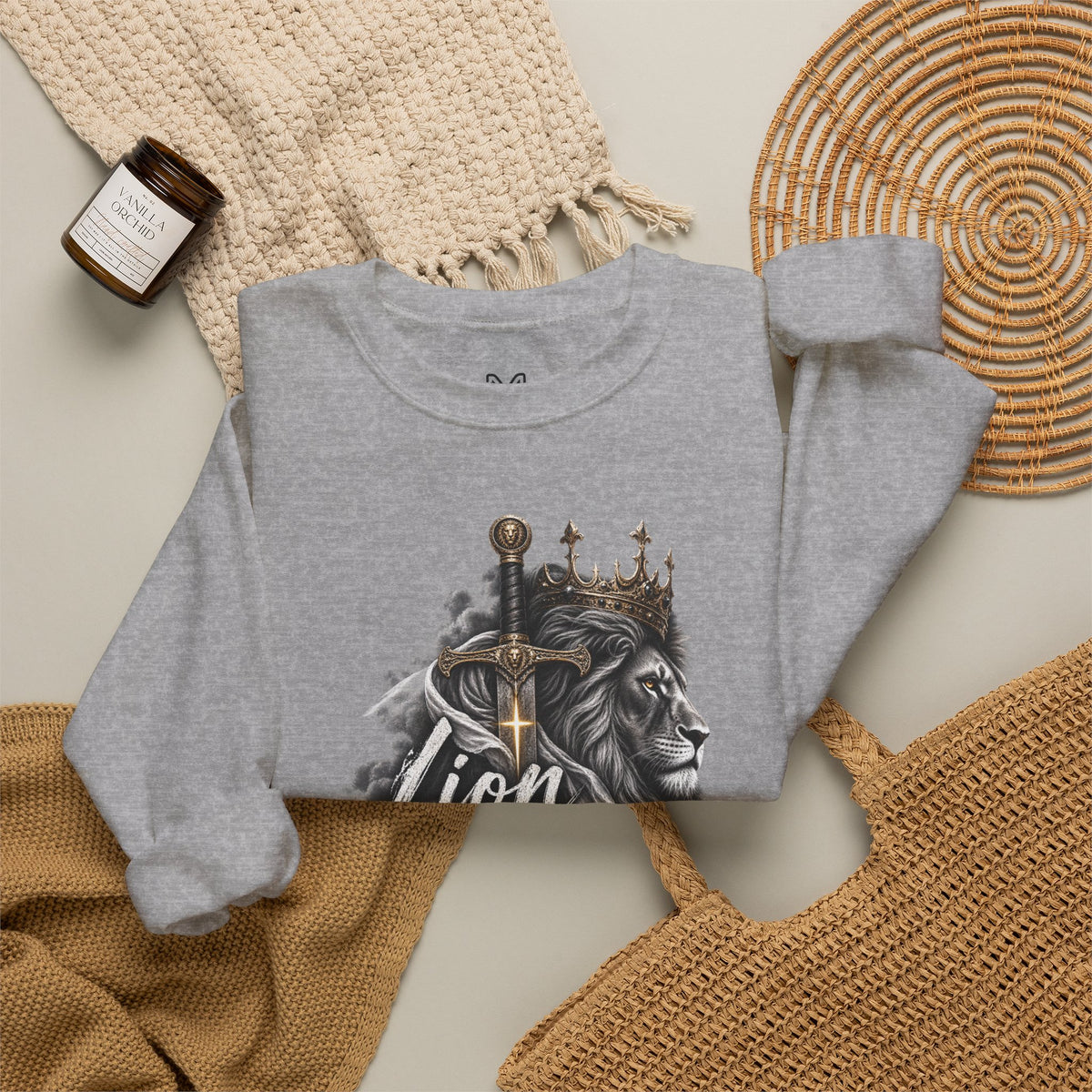 Lion of Judah Sweatshirt — Christian Lion Crewneck with Crown & Ichthys Back