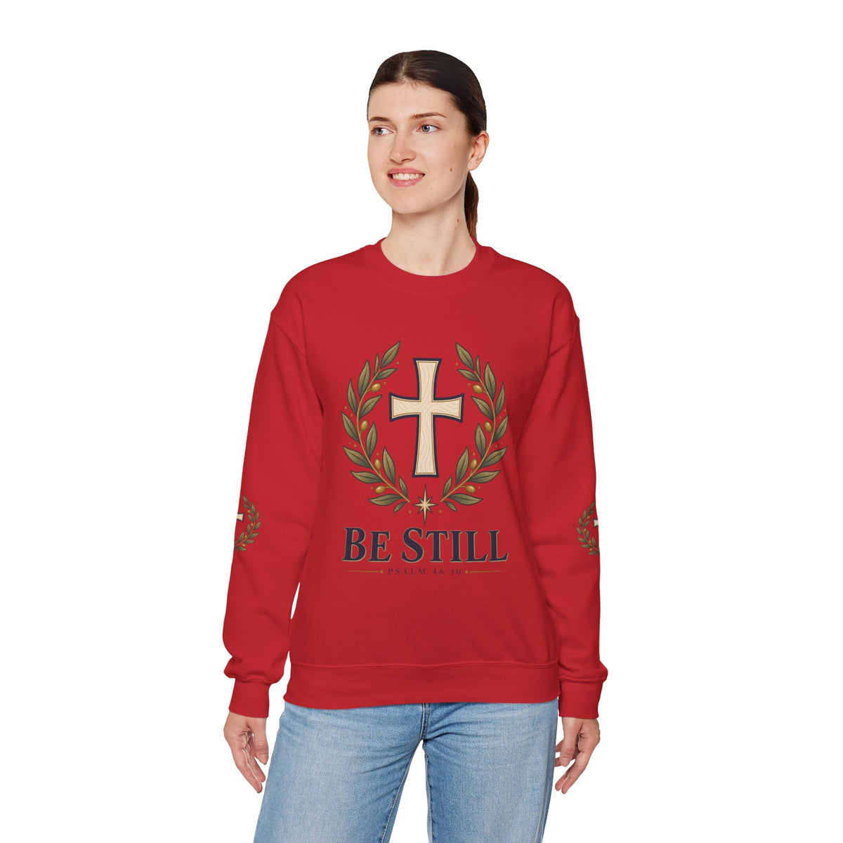 Crewneck Sweatshirt — "Be Still" Psalm 46:10 Christian Cross Design
