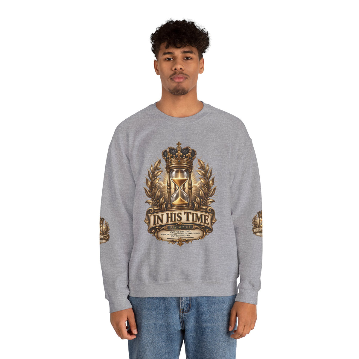 In His Time Crewneck Sweatshirt – Inspirational Christian Scripture Hourglass Design