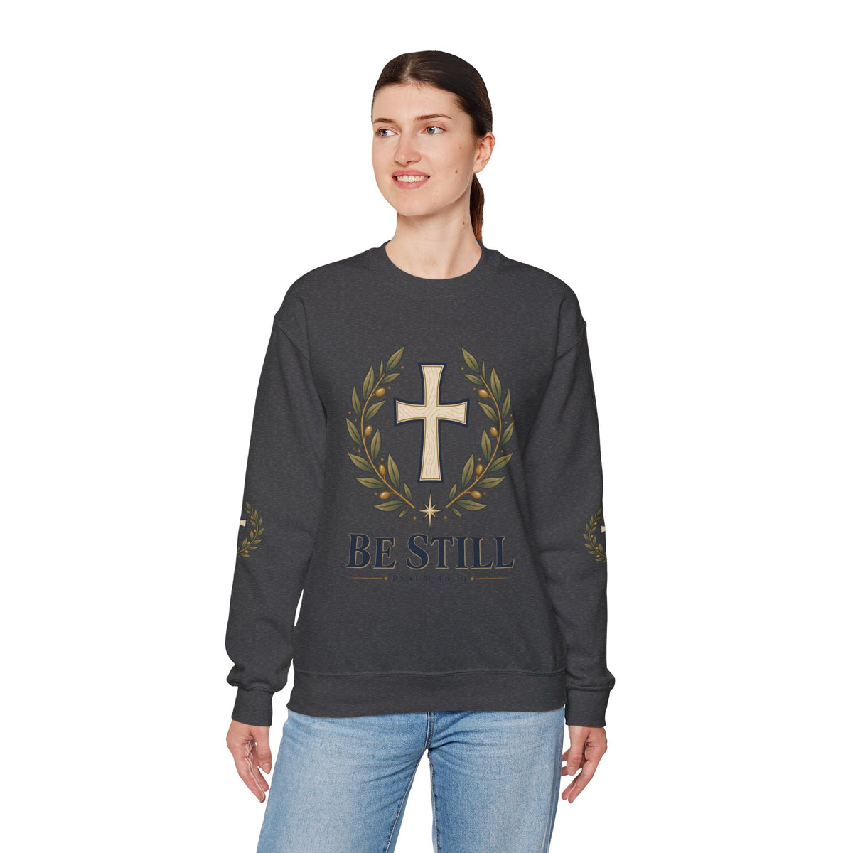 Crewneck Sweatshirt — "Be Still" Psalm 46:10 Christian Cross Design