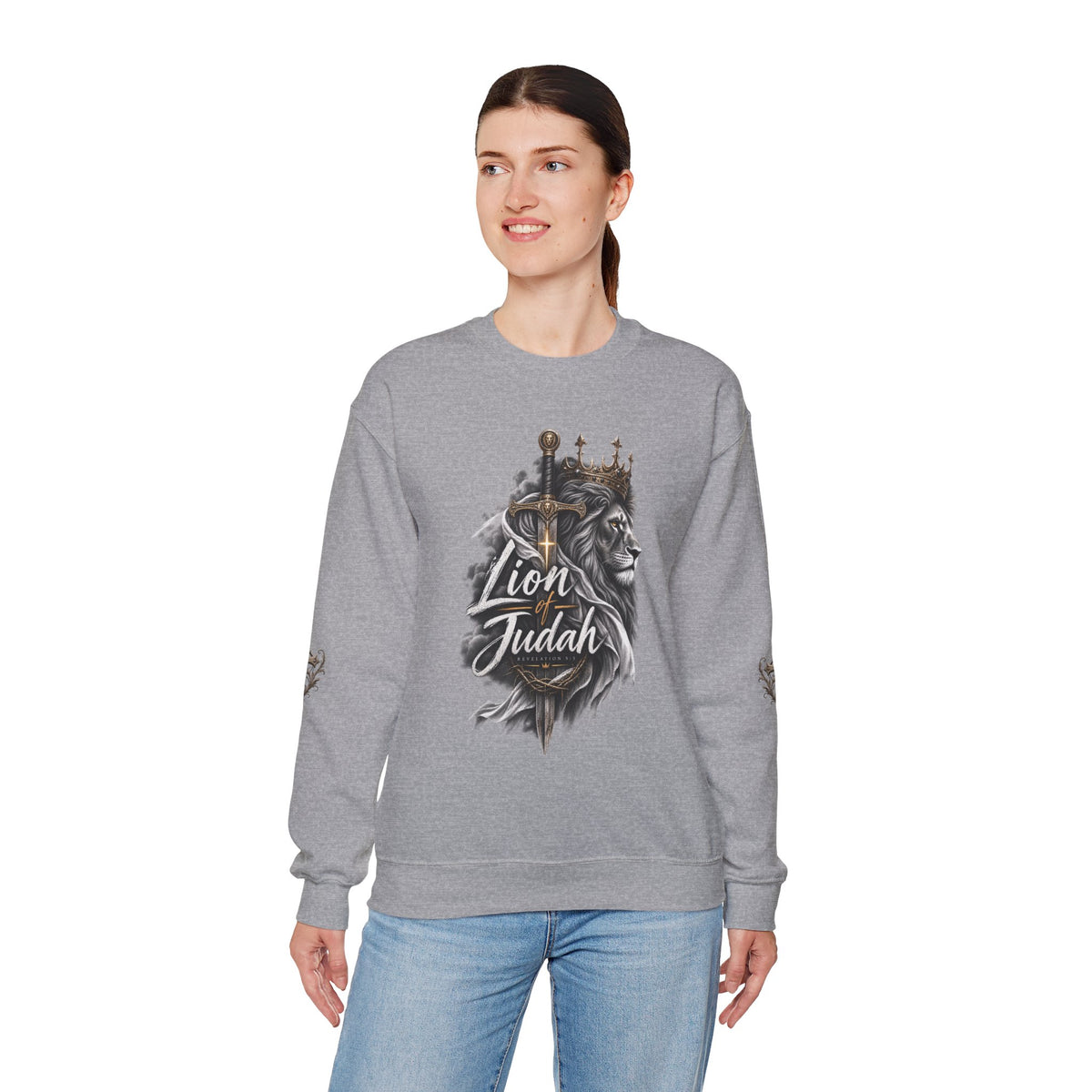 Lion of Judah Sweatshirt — Christian Lion Crewneck with Crown & Ichthys Back