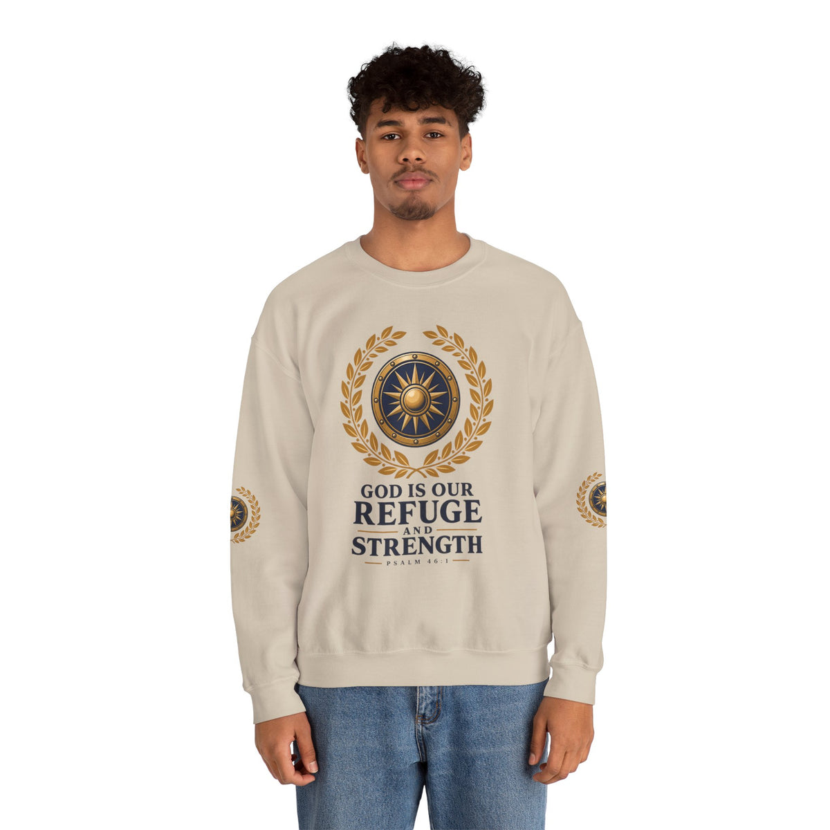 Crewneck Sweatshirt — “God Is Our Refuge and Strength” Psalm 46:1 Christian Faith Pullover