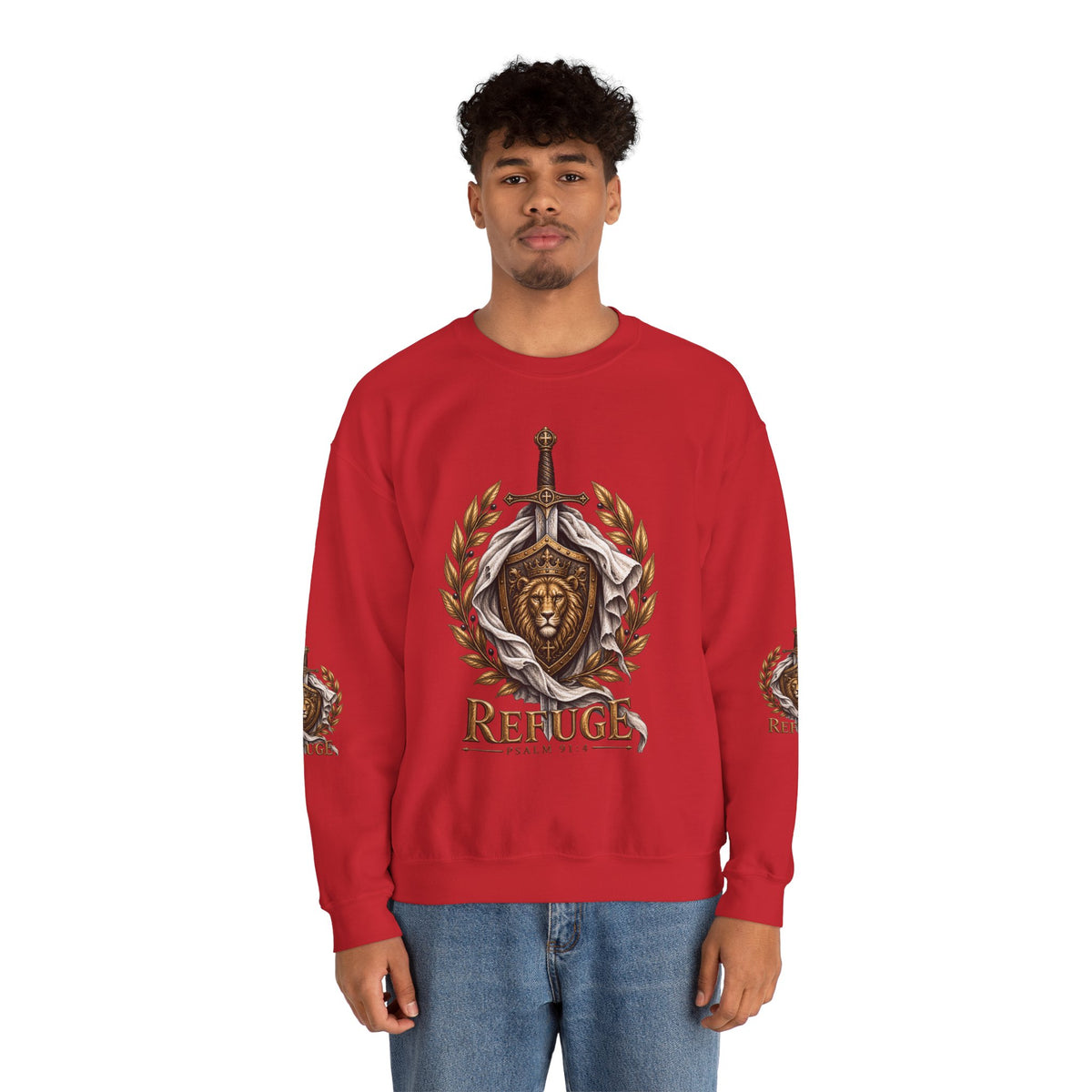 Crewneck Sweatshirt — 'Refuge' Lion & Sword Psalm 91:4 Christian Pullover