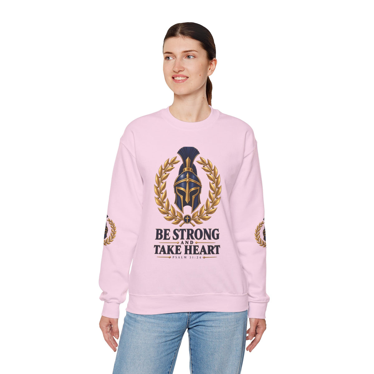 Crewneck Sweatshirt — "Be Strong and Take Heart" Psalm 31:24 Spartan Helmet Design